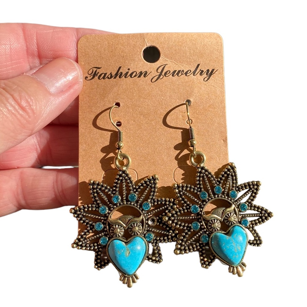 Antique Gold and Turquoise Owl Drop Earrings